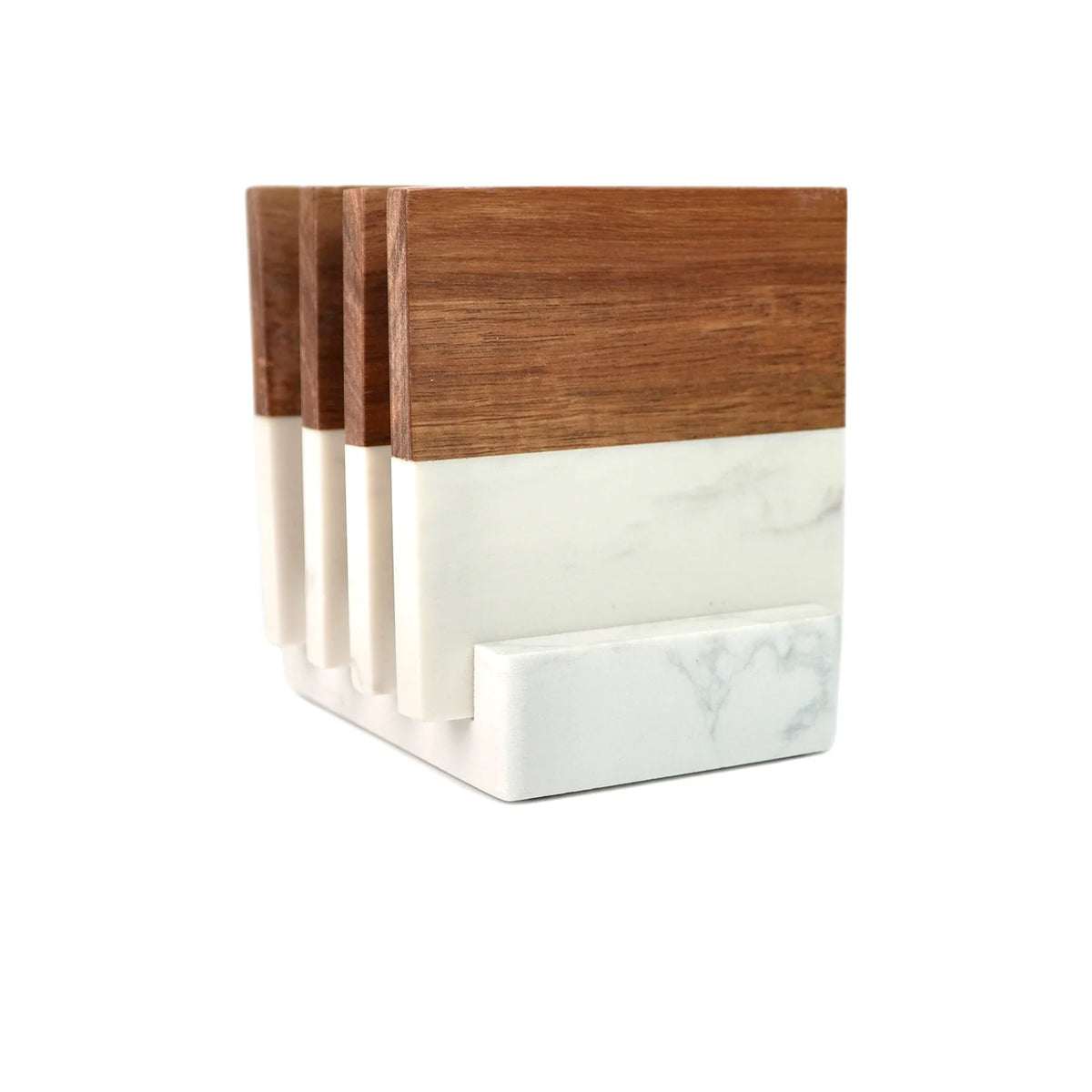 Three wooden and marble-patterned containers on a white background