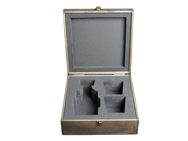 Wooden jewelry box with gray interior and compartments on a white background