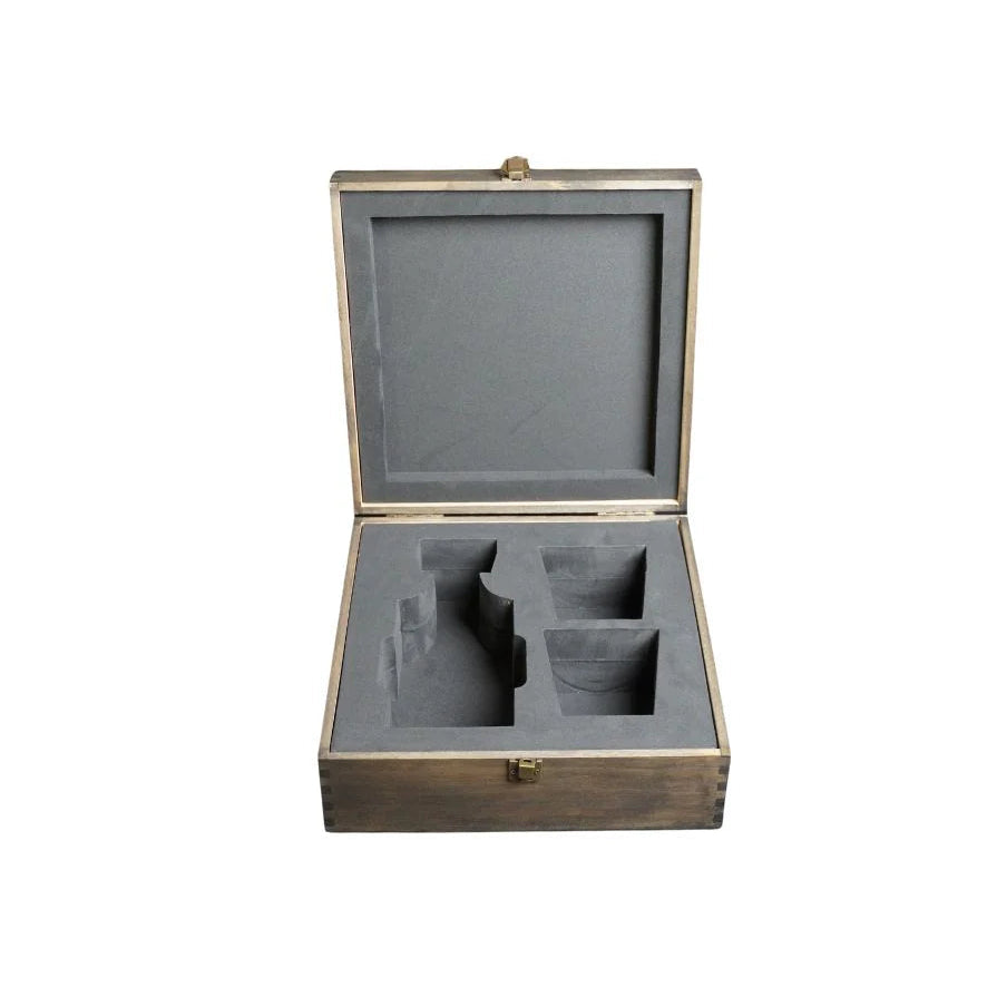 Wooden jewelry box with gray interior and compartments on a white background
