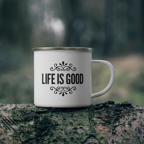 Enamel Camping Mug Life Is Good Word Art Illustration, Black-3