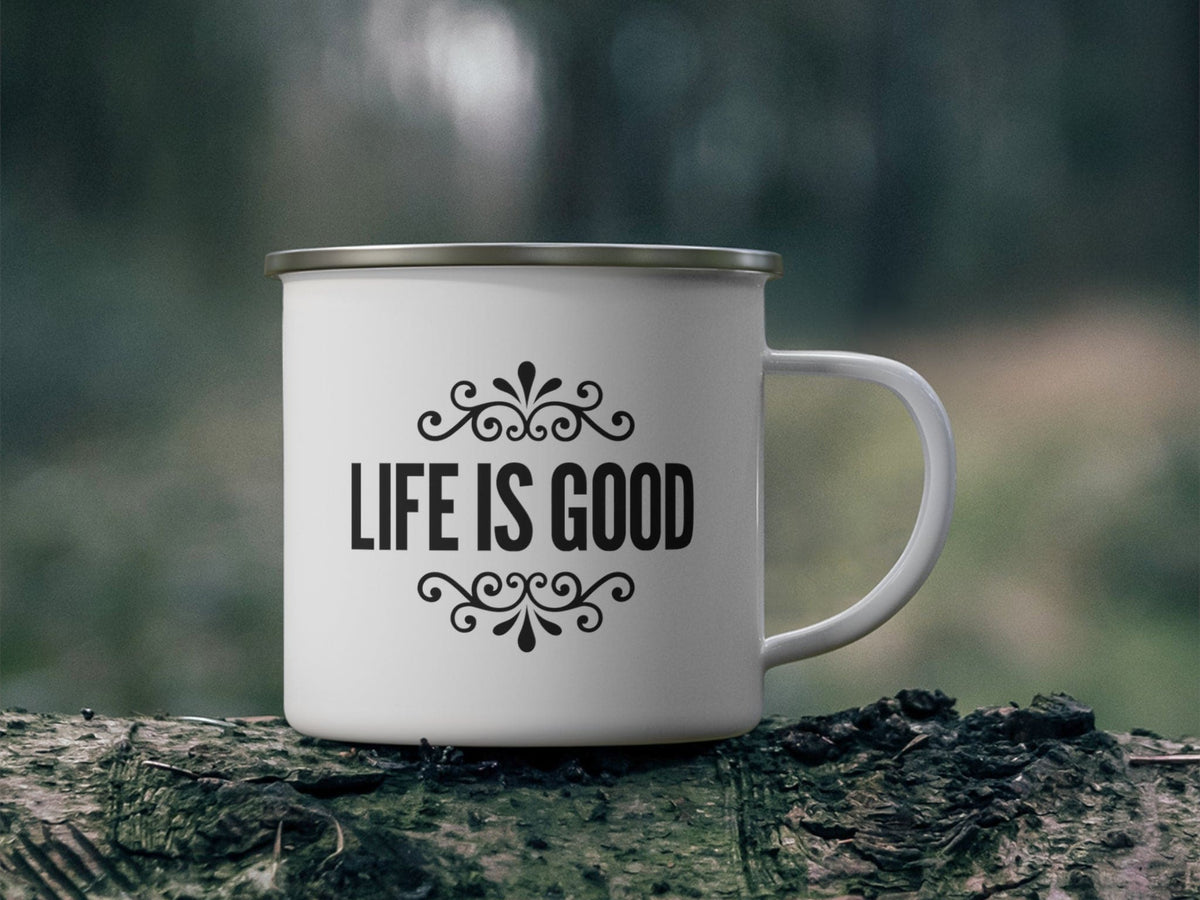 Enamel Camping Mug Life Is Good Word Art Illustration, Black-3