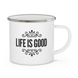 Enamel Camping Mug Life Is Good Word Art Illustration, Black-0