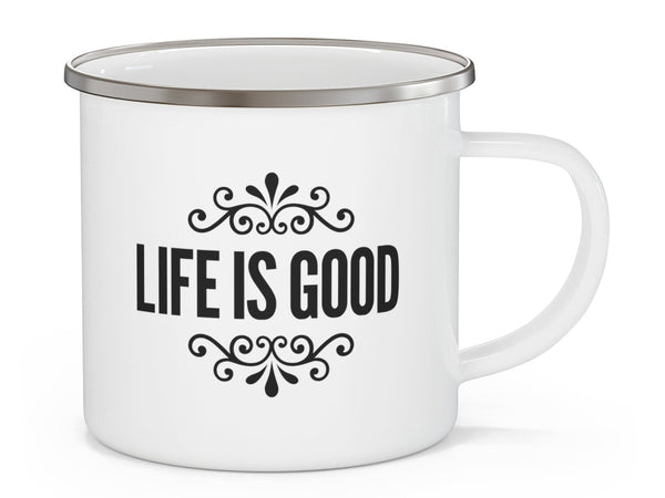 Enamel Camping Mug Life Is Good Word Art Illustration, Black-0