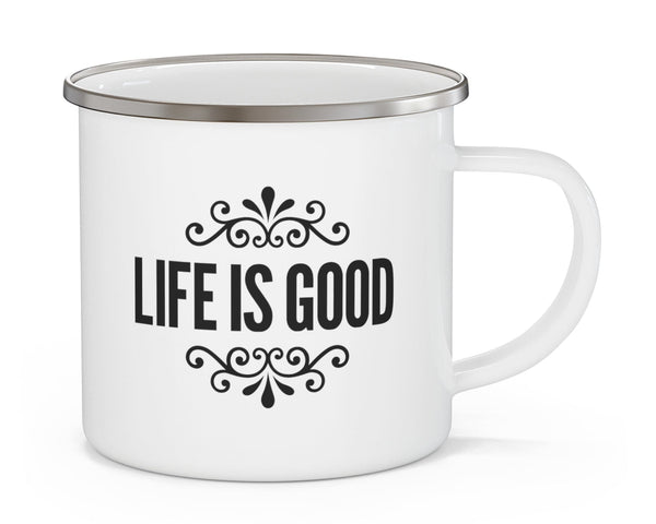 Enamel Camping Mug Life Is Good Word Art Illustration, Black-0