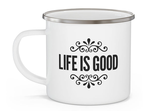 Enamel Camping Mug Life Is Good Word Art Illustration, Black-2