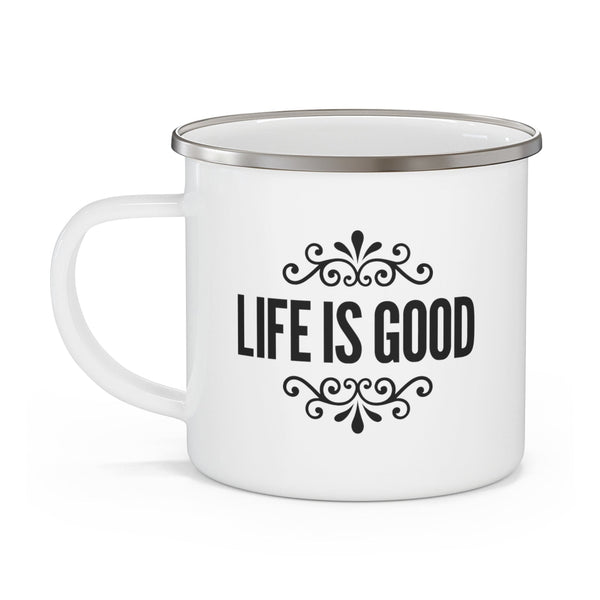 Enamel Camping Mug Life Is Good Word Art Illustration, Black-2