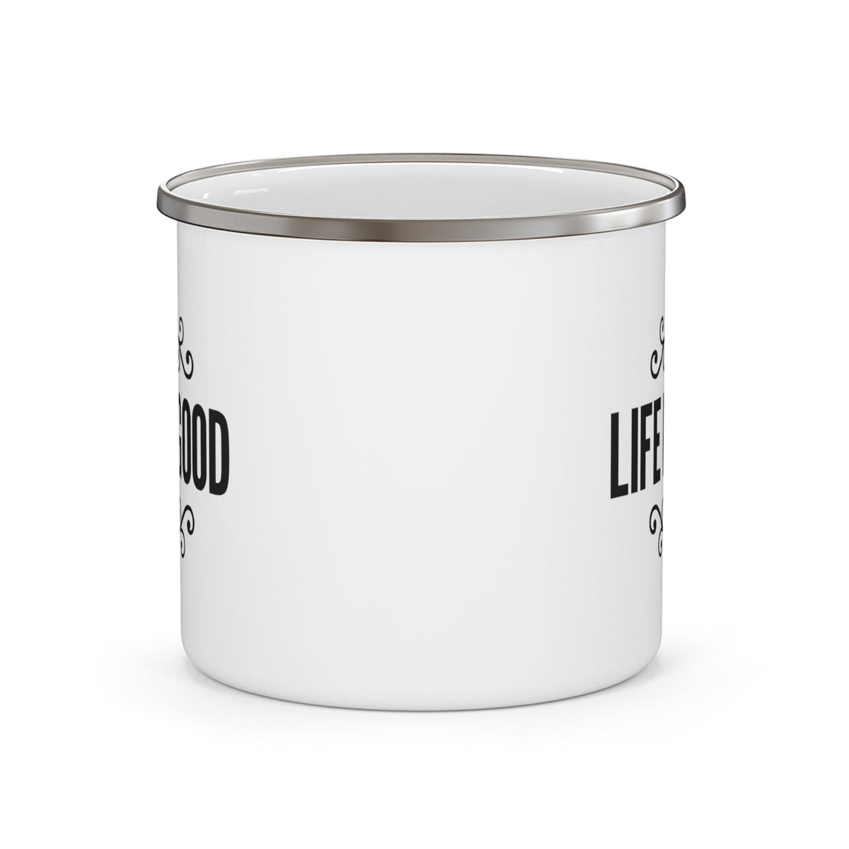 Enamel Camping Mug Life Is Good Word Art Illustration, Black-1