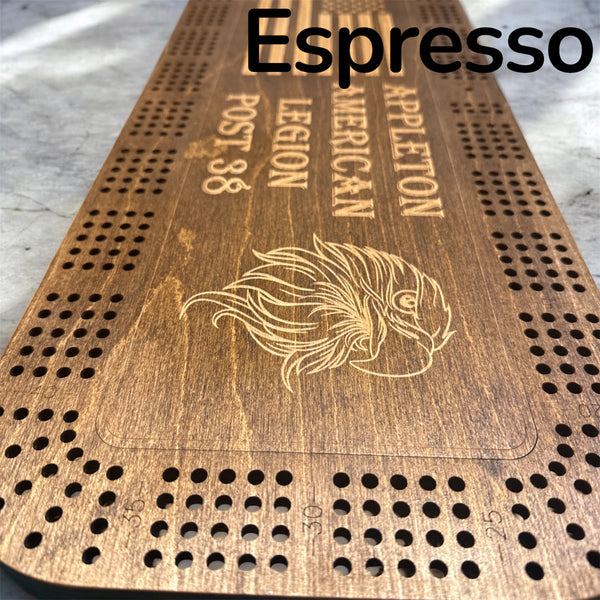 Wooden cribbage board with engraved text and design, labeled 'Espresso'.