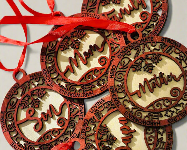 family themed christmas ornament-personalized painted red and wood background finish.2 layer wood 