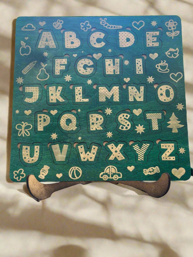 green wood stained letter puzzle