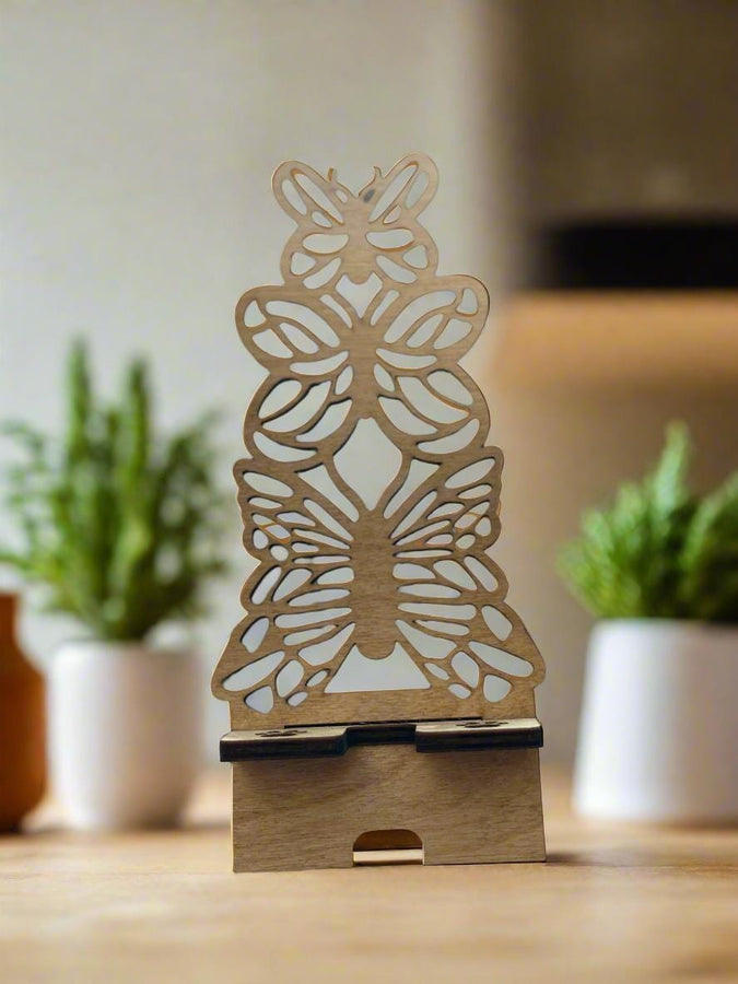 Wood Phone Stand and Home Decor - Laser-Cut, Custom Designs and Stain Options