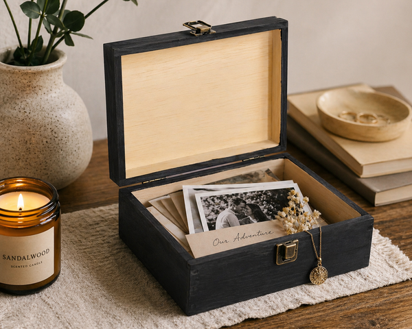 Wooden jewelry box with photos and a candle on a wooden surface