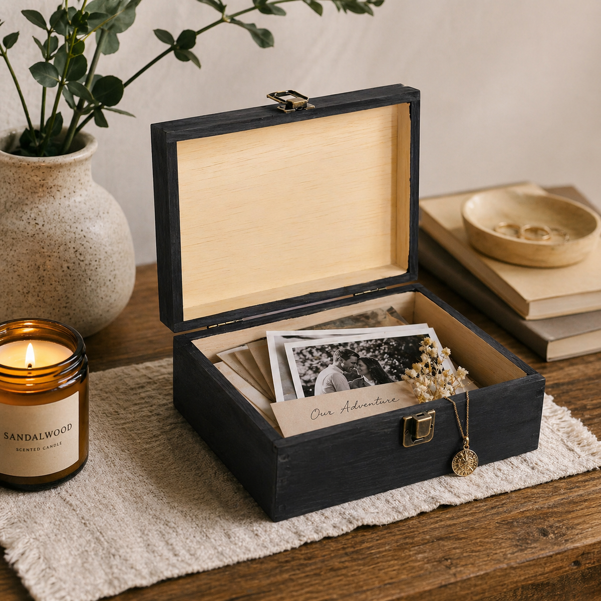 Wooden jewelry box with photos and a candle on a wooden surface