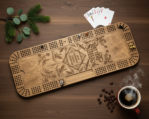 Large 4-Player Cribbage Board – Flat Lay Lifestyle Photo