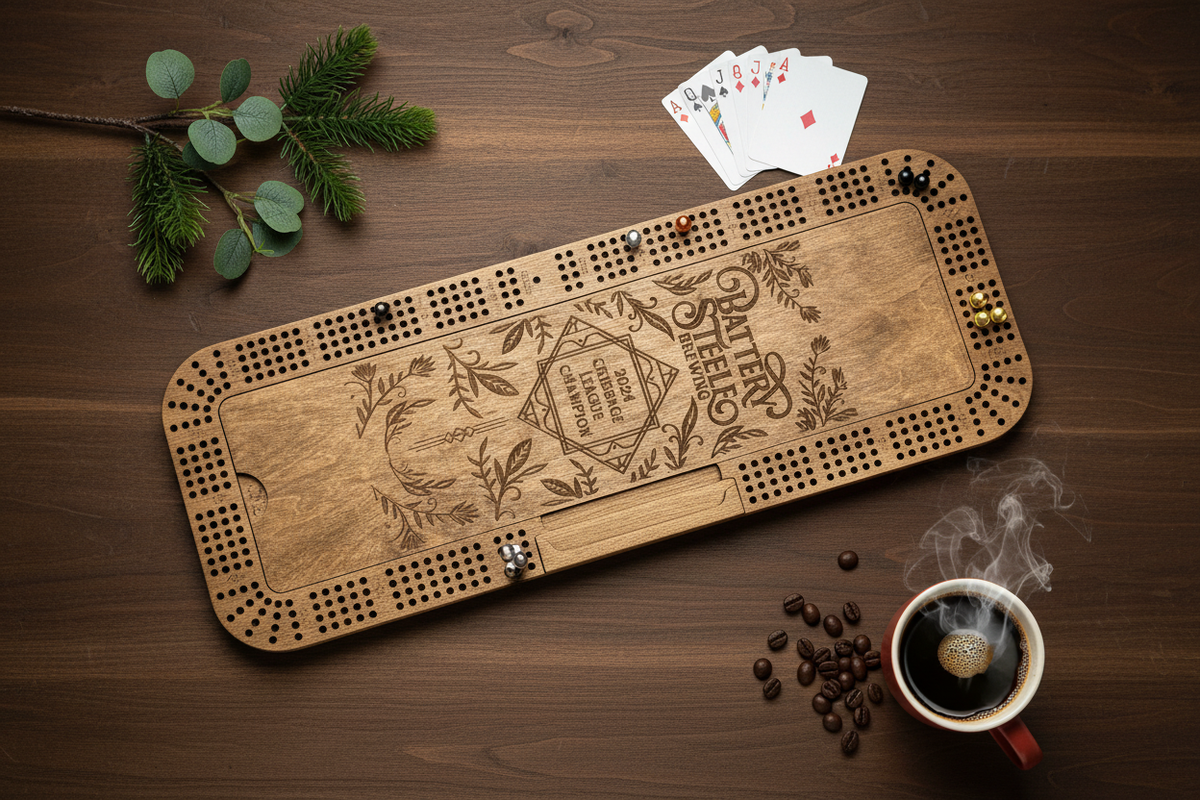 Large 4-Player Cribbage Board – Flat Lay Lifestyle Photo