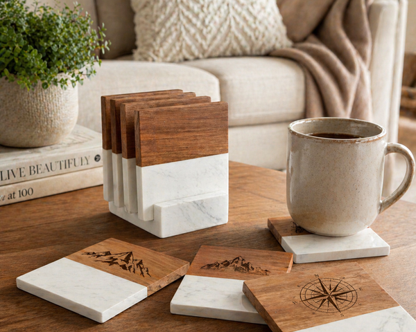 Set of wooden and marble coasters with a mug on a wooden table.