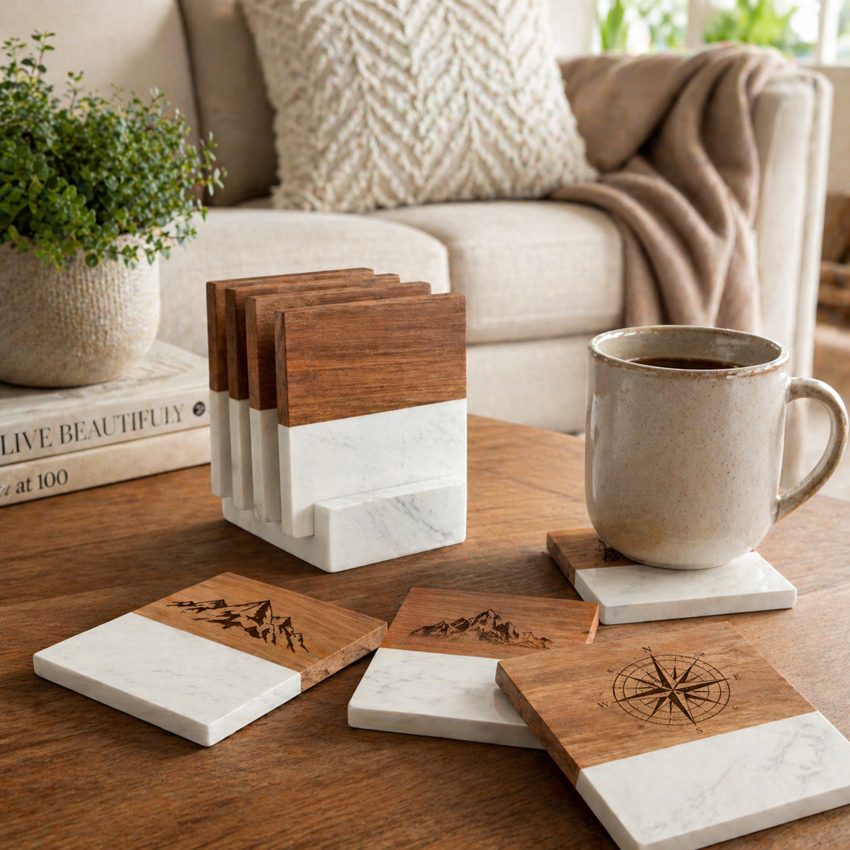 Set of wooden and marble coasters with a mug on a wooden table.