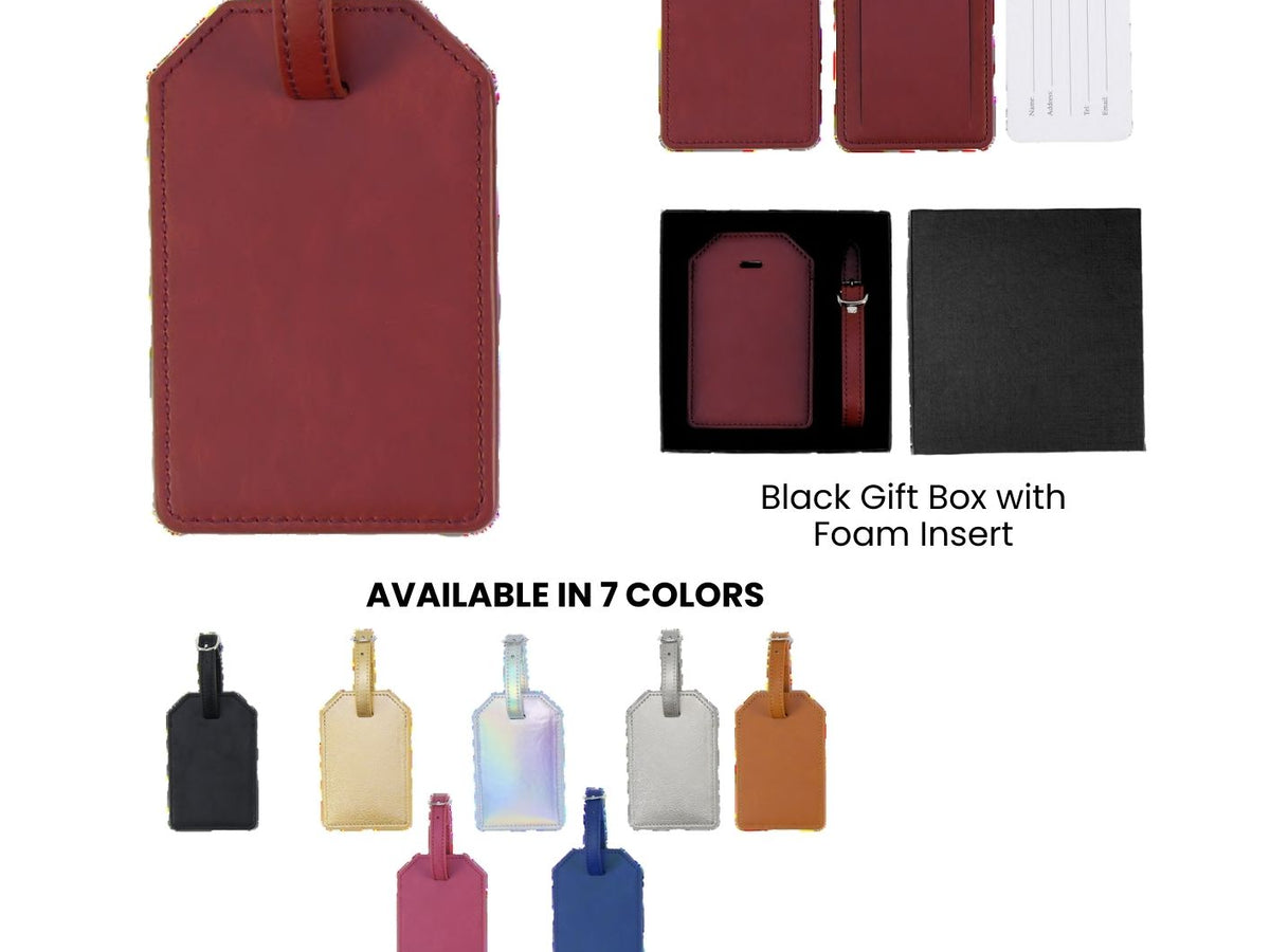 Laserette luggage tag with additional accessories and color options on a white background