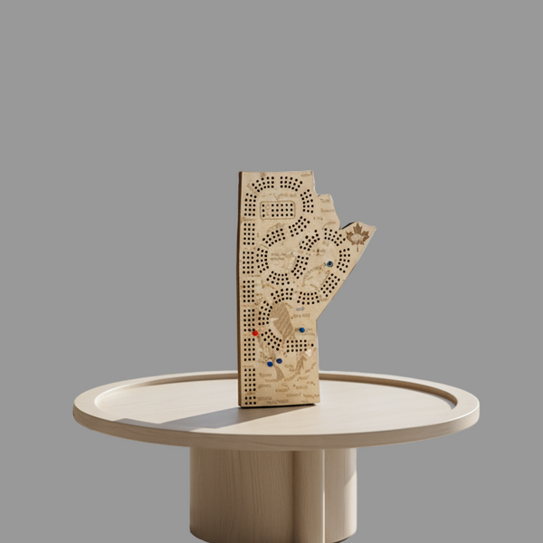 Decorative hand-shaped wooden board with intricate patterns on a dark surface.