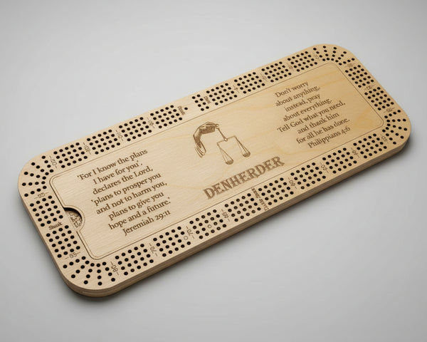 large cribbage board -maple stain with engraving
