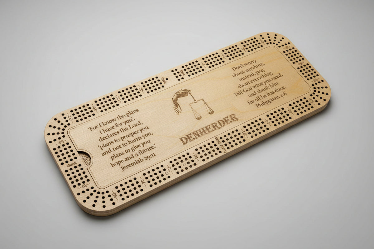 large cribbage board -maple stain with engraving