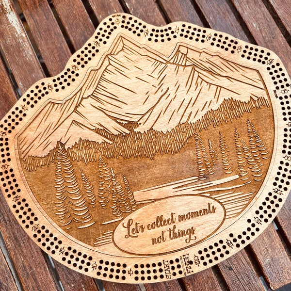 Mountain Design 3-Player Cribbage Board-laser Engraved with Card Holder and Peg Storage