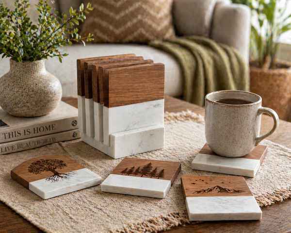 Set of wooden coasters with natural patterns on a table with a mug and books.