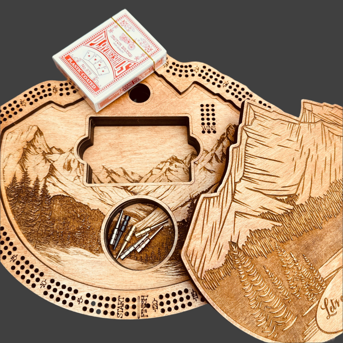 Mountain Design 3-Player Cribbage Board-laser Engraved with Card Holder and Peg Storage