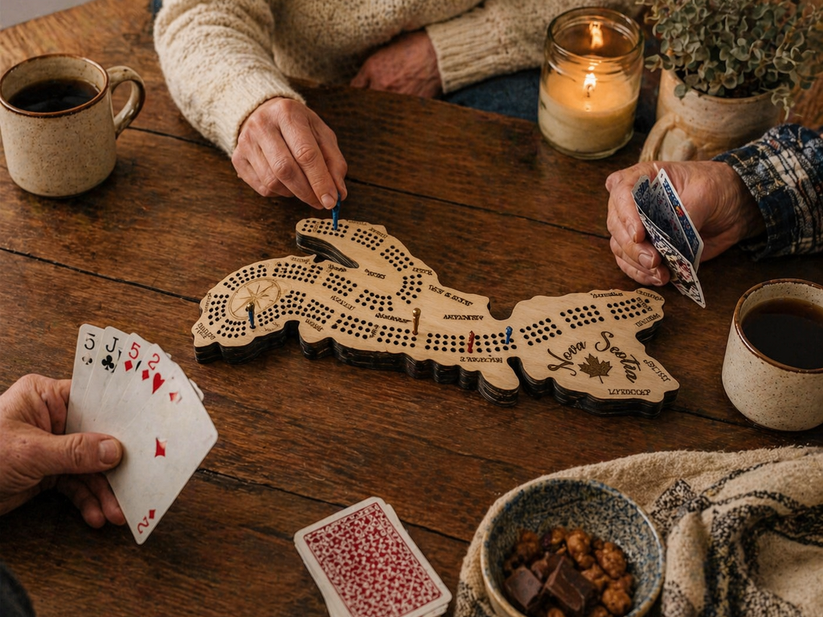 Nova Scotia Map Cribbage Board – 3 Player Wooden Crib Board with Engraved Cities