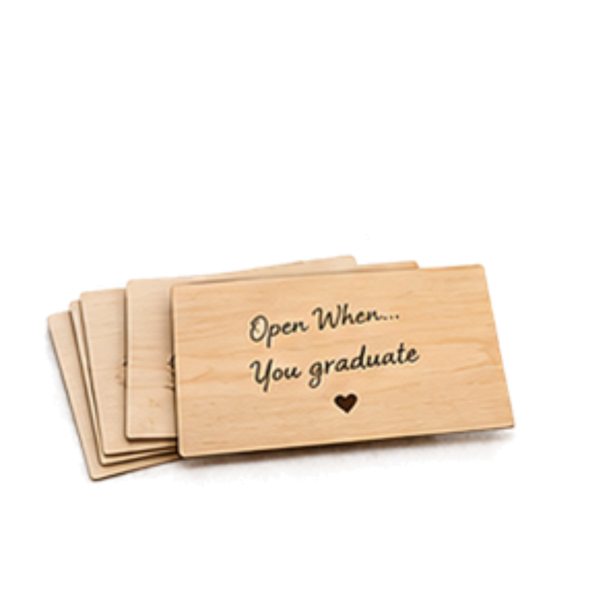 A stack of rectangular light wood cards with the engraved text 'Open When.