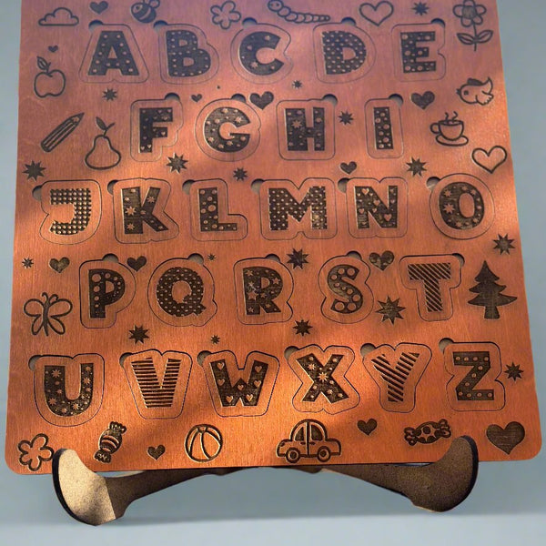 orange wood stained alpabet puzzle