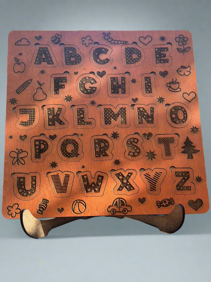 orange wood stained alpabet puzzle