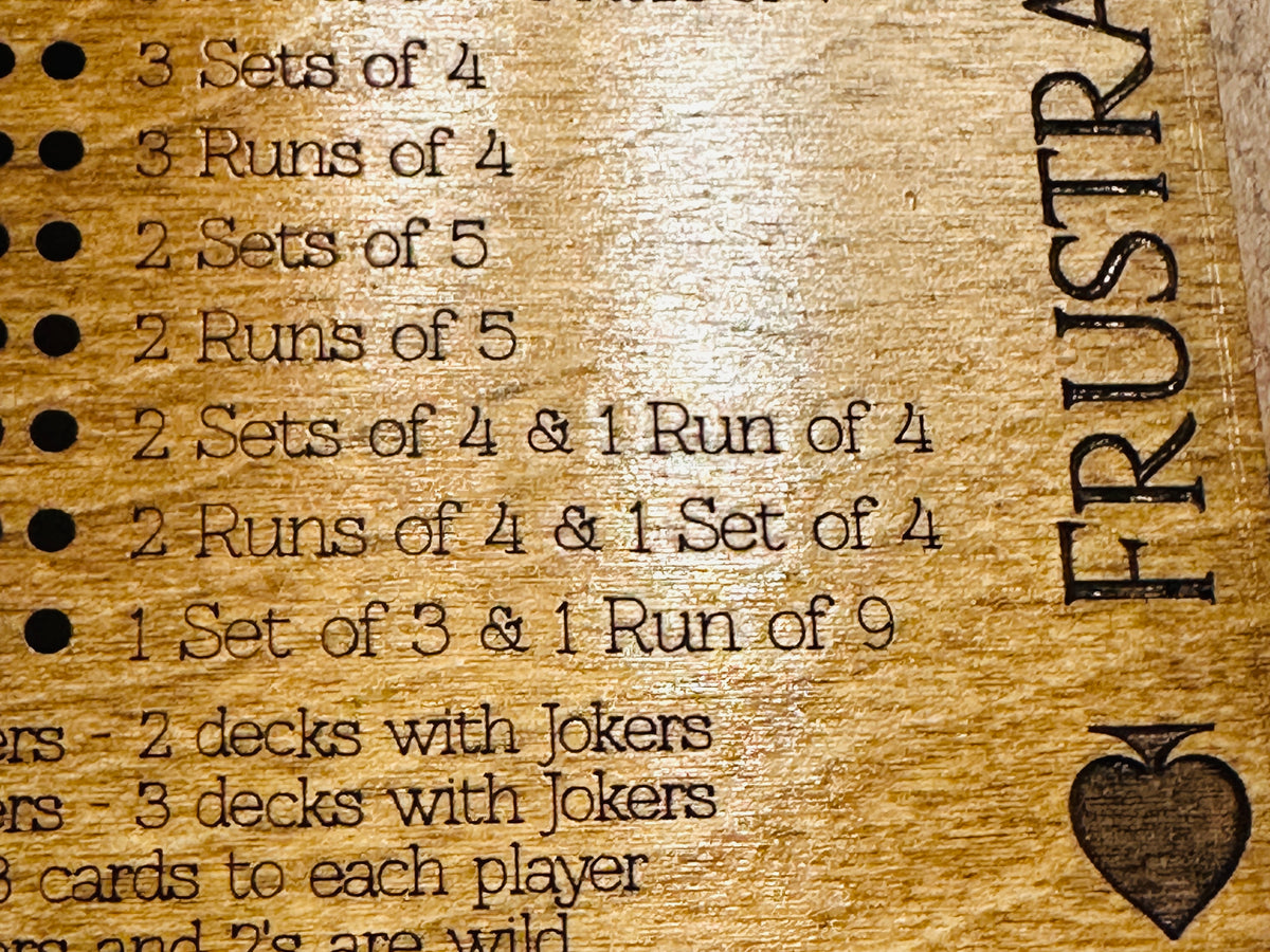 Personalized Frustration Rummy Scoreboard –8 Player- Compact & Travel-Friendly Wooden Game Board