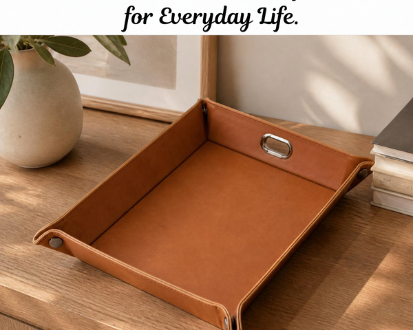 A brown leather tray with metal handles sits on a wooden table in a styled home setting, with a white banner at the top reading 'Made Personal. Made Useful.