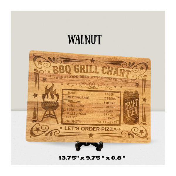 Wooden cutting board with engraved BBQ grill chart and text on a white background