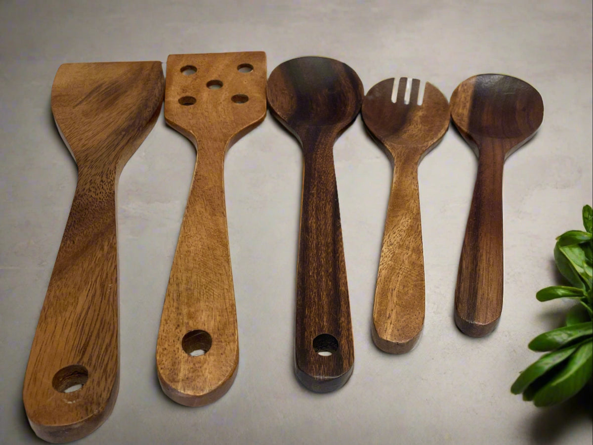 Set of  5 Acacia Wood Salad Server and Cooking Utensils